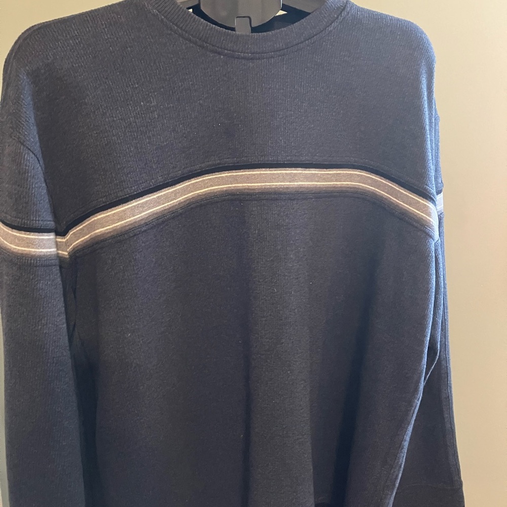 XG Mens XL Waffle Knit Thermal Long Sleeve Shirt Navy Gray Stripe Crewneck